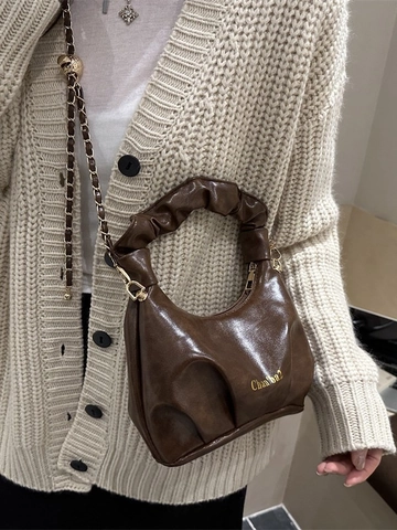 Women Ruched Cloud Shoulder Bag PU Leather Retro Pleated Handbag With Gold Chain Strap Crossbody Purse