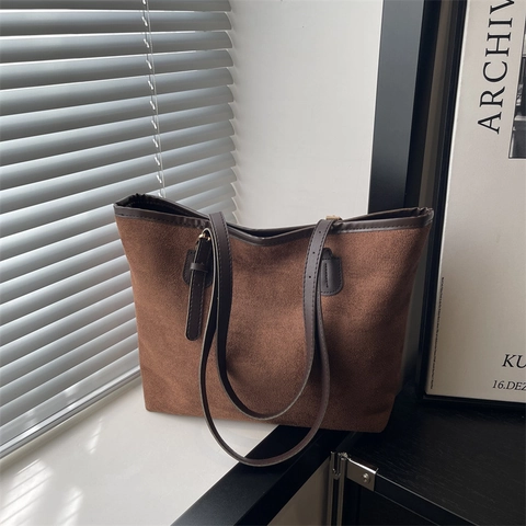 Bolso Tote de Mujer de Gran Capacidad de Cuero PU con Textura de Gamuza Retro Casual Color Sólido Bolso de Hombro para Diario