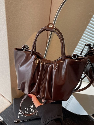 French Style Pleated Cloud Bucket Bag Shiny PU Leather Handheld Crossbody Bag For Women Fashion Solid Color Daily Commute Bag