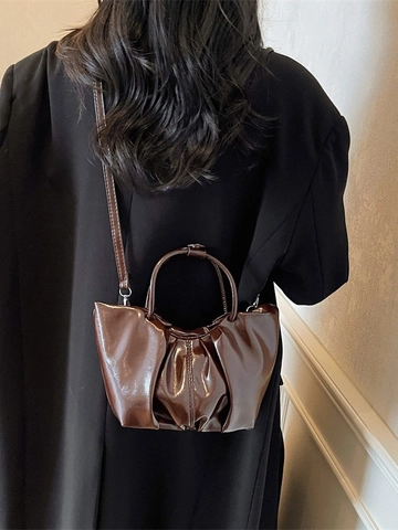 French Style Pleated Cloud Bucket Bag Shiny PU Leather Handheld Crossbody Bag For Women Fashion Solid Color Daily Commute Bag
