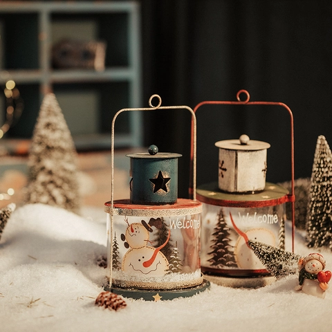 Lanterna Decorativa Natalizia Vintage in Legno Ferro Vetro Stile Retro Invecchiato Babbo Natale Pupazzo di Neve Modello Stella Portacandele