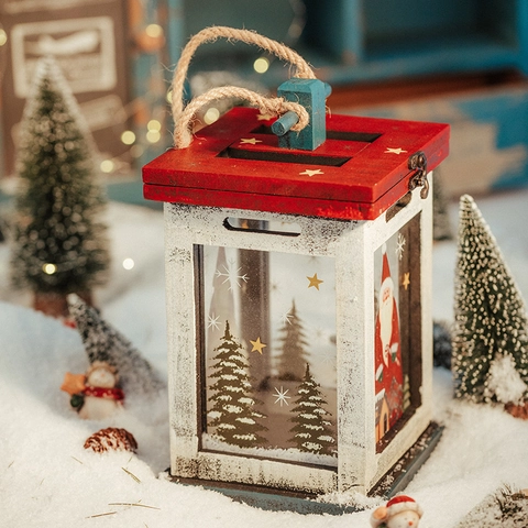 Lanterna Decorativa Natalizia Vintage in Legno Ferro Vetro Stile Retro Invecchiato Babbo Natale Pupazzo di Neve Modello Stella Portacandele
