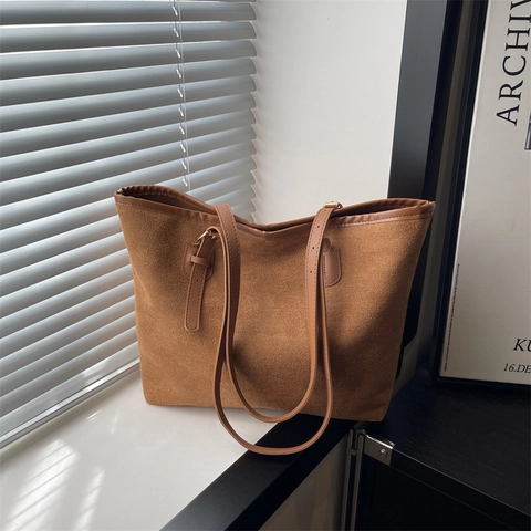 Bolso Tote de Mujer de Gran Capacidad de Cuero PU con Textura de Gamuza Retro Casual Color Sólido Bolso de Hombro para Diario