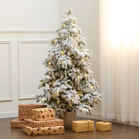 Árbol De Navidad Nevado Con Luces LED Cálidas PE Material En Maceta Interior Invierno Decoración Festiva Realista