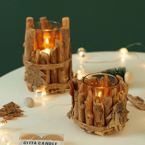 Portavelas De Madera Natural Hechos A Mano Con Copas De Vidrio Estilo Bosque Decoración De Mesa Rústica Navidad