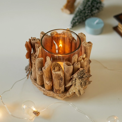 Portavelas De Madera Natural Hechos A Mano Con Copas De Vidrio Estilo Bosque Decoración De Mesa Rústica Navidad