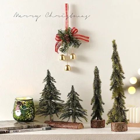 Mini Artificial Christmas Tree Desktop Ornament Frosted Pine Cedar With Wood Base For Holiday Xmas Party Home Decor