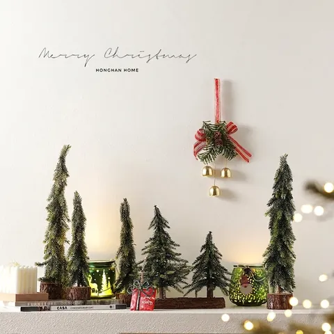 Mini Artificial Christmas Tree Desktop Ornament Frosted Pine Cedar With Wood Base For Holiday Xmas Party Home Decor