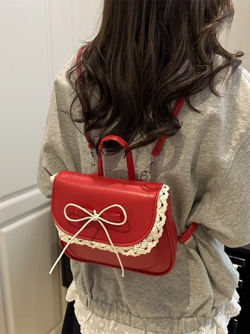 Mini Mochila De Cuero PU Con Borde De Encaje Y Lazo Estilo Lolita Dulce Mochila Pequeña Para Mujeres Niñas