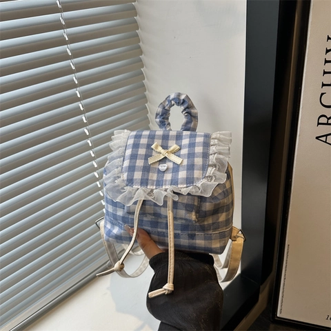 Japanischer Süßer Stil Karierter Mini Rucksack Für Damen Süßer Spitze Schleife Kordelzug Rucksack Academy Stil Schultasche