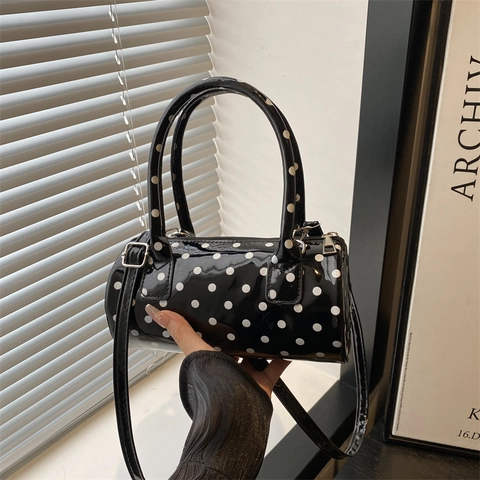 Women Polka Dot Cylinder Handbag Retro PU Leather Boston Crossbody Bag With Adjustable Shoulder Strap Elegant Shoulder Bag