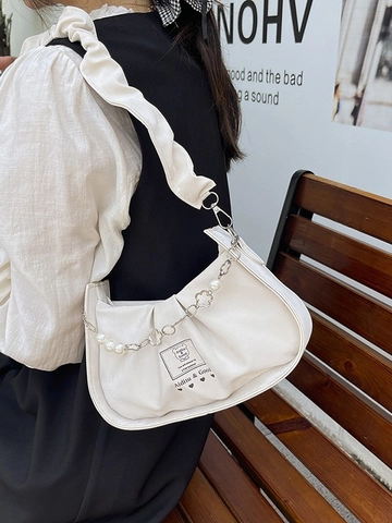 Borsa A Spalla Arricciata Da Donna Pelle PU Borsa Sottobraccio Pieghettata Con Perla Artificial E Catena In Metallo Fiore Stile Dolce