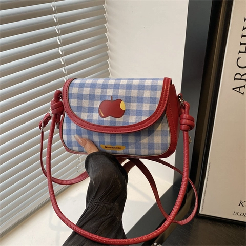 Borsa a Tracolla Gingham da Donna Simpatica Toppa con Mela Rossa in Pelle PU e Tessuto Piccola Borsa Quadrata Casual alla Moda