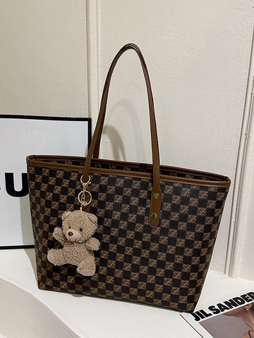 Borsa Tote da Donna Vintage con Monogramma Grande Capacità in Pelle PU a Scacchiera Borsa a Spalla con Pendaglio Orsetto per Ufficio Scuola