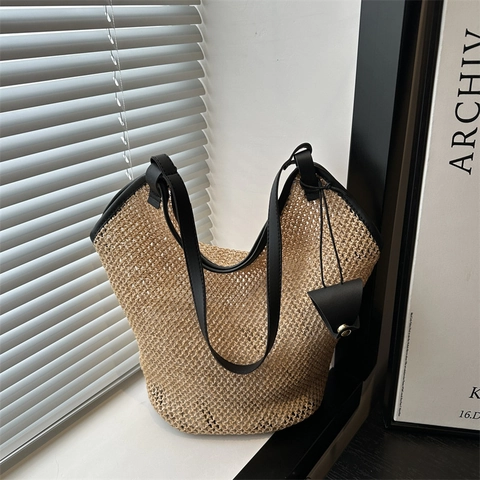 Dames Grote Capaciteit Stro Geweven Tote Tas Holle Maas Zomer Strand Schoudertas Met Synthetisch Leren Handvat En Hanger
