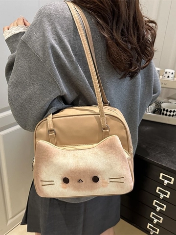 Zaino Carino Con Faccia Di Gatto Cartone Animato Pelle PU Peluche Grande Capacità Zainetto Casual Per Donne Ragazze Scuola Kawaii