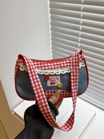 Süße Denim Unterarmtasche Mit Karo Besatz Spitze Kirsch Dekor Retro Patchwork Schultertasche Für Damen