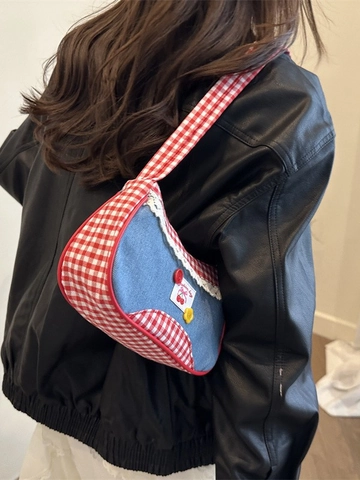 Süße Denim Unterarmtasche Mit Karo Besatz Spitze Kirsch Dekor Retro Patchwork Schultertasche Für Damen