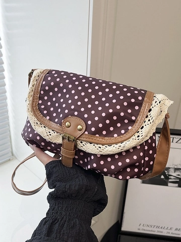 Retro Polka Dot Shoulder Bag Women Vintage Lace Trim Canvas Crossbody Bag Small Square Satchel With Adjustable Strap