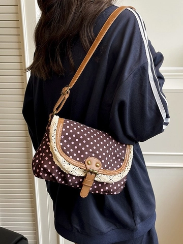 Retro Polka Dot Shoulder Bag Women Vintage Lace Trim Canvas Crossbody Bag Small Square Satchel With Adjustable Strap