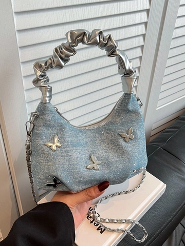 Y2K Denim Schmetterling Schultertasche Für Damen Designer Plissee Handtasche Mit Metallkette Vielseitige Crossbody Kleine Hobo-Tasche