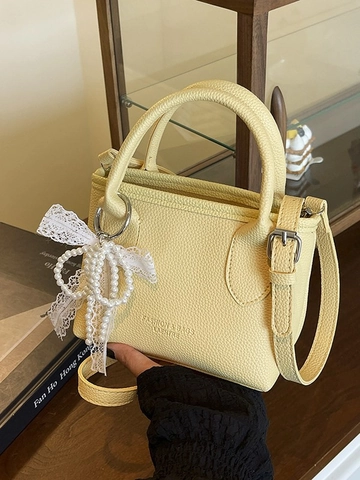 Damen PU Leder Eimertasche Kieseltextur Kleine Handtasche Mit Künstliche Perle Spitze Schleife Charm Elegante Umhängetasche