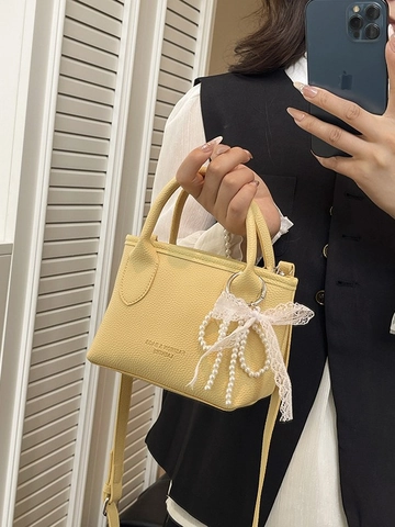 Damen PU Leder Eimertasche Kieseltextur Kleine Handtasche Mit Künstliche Perle Spitze Schleife Charm Elegante Umhängetasche