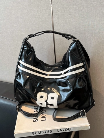 Women Shoulder Bag Shiny PU Leather Large Capacity Retro Sports Style Y2K Commuting Tote Bag With Contrast Stripes And Patch