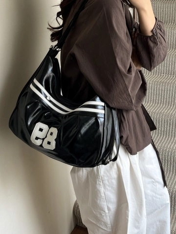 Women Shoulder Bag Shiny PU Leather Large Capacity Retro Sports Style Y2K Commuting Tote Bag With Contrast Stripes And Patch