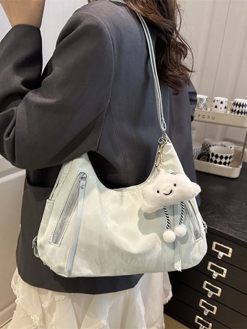 Wrinkled Hobo Shoulder Bag Women Synthetic Leather Multi Functional Backpack With Plush Cloud Charm Large Capacity Chic