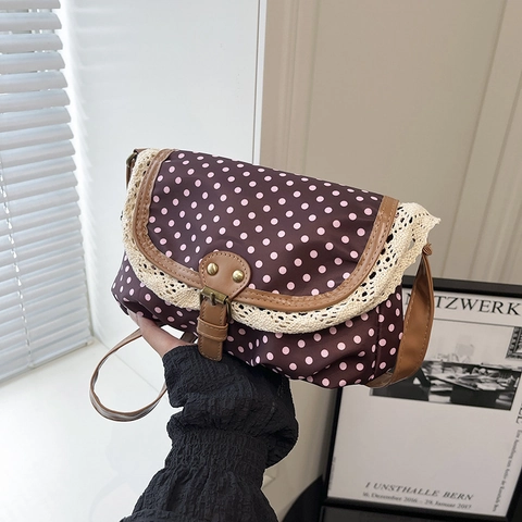 Sac Bandoulière À Pois Avec Bordure En Dentelle Et PU Cuir Style Rétro Doux Sac À Épaule Pour Femmes