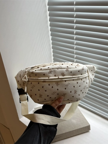 Women Corduroy Waist Bag Heart Bow Teddy Bear Print Chest Bag Adjustable Strap Casual Crossbody Bag For Shopping Travel
