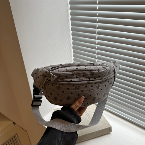 Women Corduroy Crossbody Waist Bag Japanese Style Heart Bow Print Adjustable Strap Fanny Pack Chest Phone Purse Casual Bag