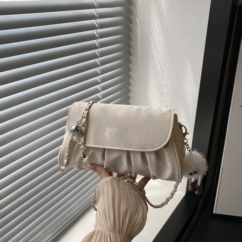 Women Pleated Cloud Shoulder Bag PU Leather Chain Crossbody Handbag Niche Minimalist Small Square Purse Daily Use