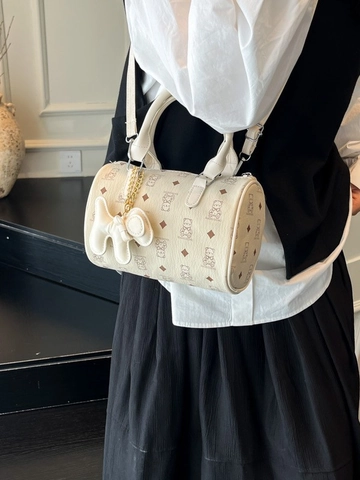 Retro Bear Print Boston Bag PU Leather Cylinder Handbag With Puppy Charm Large Capacity Crossbody Shoulder Bag For Women