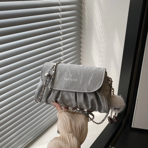Women Pleated Cloud Shoulder Bag PU Leather Chain Crossbody Handbag Niche Minimalist Small Square Purse Daily Use