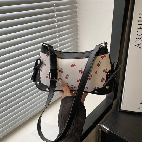 Borsa Sottobraccio in Pelle PU con Stampa Ciliegia da Donna Fiocco Decorativo Tracolla Regolabile Cerniera Piccola Borsa Quadrata