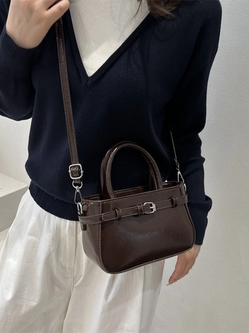 Mini Handbag For Women PU Leather Crossbody Bag With Belt Buckle Decor Top Handle Chic Minimalist Small Square Purse
