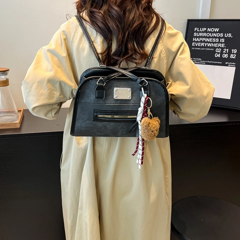 Vintage Contrast Color Crossbody Bag Canvas PU Leather Large Capacity Tote Handbag Bear Pendant Fashion Women Shoulder Bag
