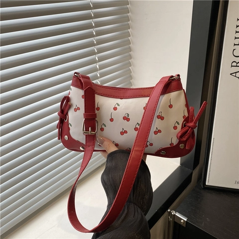 Cherry Print Underarm Bag PU Leather Small Square Shoulder Bag Sweet Retro Bow Decorative Trendy Bag For Women