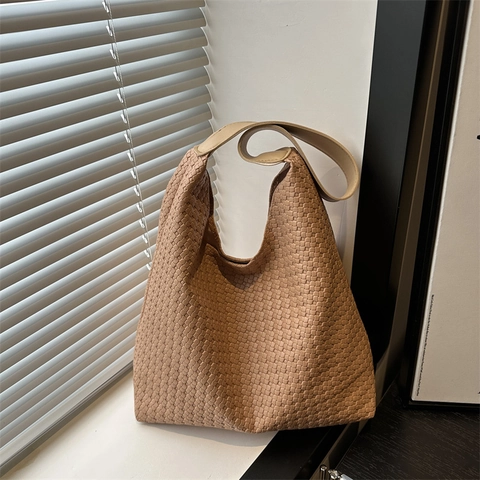 Sac Cabas Rétro en Cuir PU Tressé pour Femmes Grande Capacité Sac à Épaule Hobo Style Coréen Sac Sous le Bras de Mode
