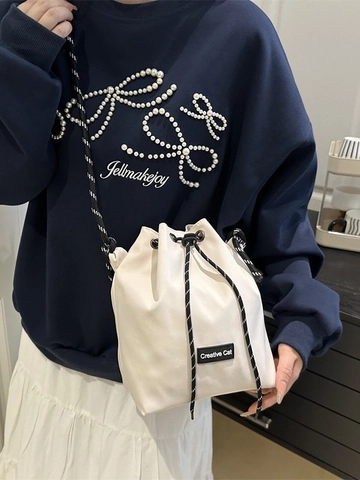 Borsa A Secchiello Con Coulisse Da Donna Nylon Tracolla In Corda Intrecciata A Contrasto Toppa Con Lettere Borsa A Spalla Casual
