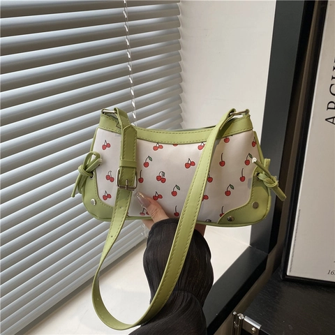 Cherry Print Underarm Bag PU Leather Small Square Shoulder Bag Sweet Retro Bow Decorative Trendy Bag For Women
