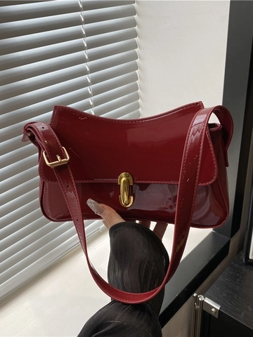 Glossy Patent PU Leather Underarm Shoulder Bag French Vintage Style Women Baguette Handbag With Gold Metal Buckle Solid Color