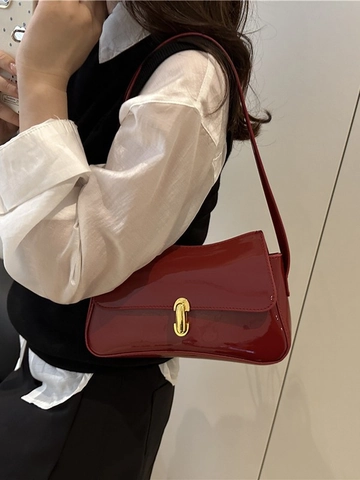 Glossy Patent PU Leather Underarm Shoulder Bag French Vintage Style Women Baguette Handbag With Gold Metal Buckle Solid Color