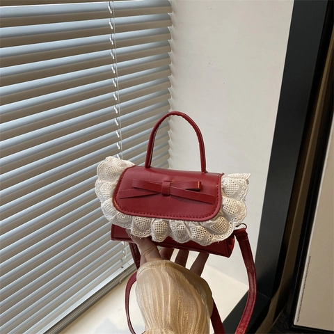 Damen Süß Lolita Schleife Spitze Mini Handtasche PU Leder Herz Hohle Kante Umhängetasche Kleine Quadratische Tasche Für Party