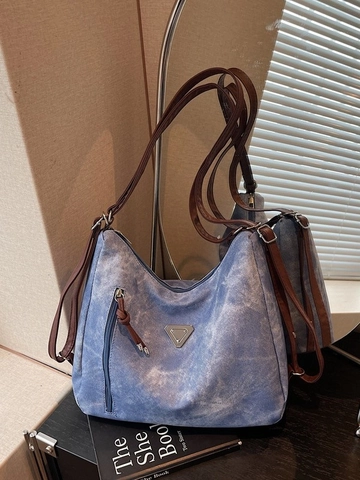 Borsa Hobo Donna Grande Capacità Pelle PU Lavata Multifunzionale Borsa A Tracolla Con Distintivo Metallo Triangolo