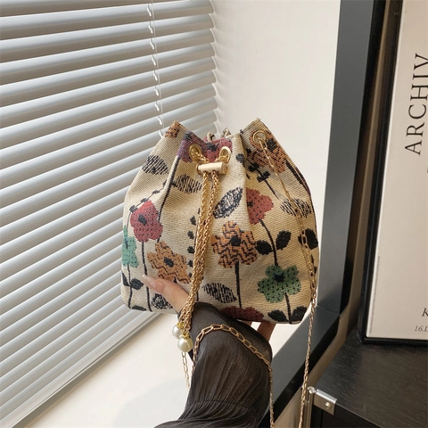 Borsa a Secchiello Jacquard Floreale Retro da Donna Con Tracolla a Catena e Coulisse con Künstliche Perle Borsa Etnica