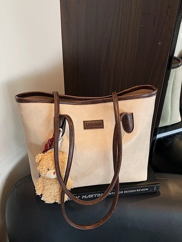 Women Retro Tote Bag PU Leather Solid Color Vintage Commuter Shoulder Bag With Bear Charm