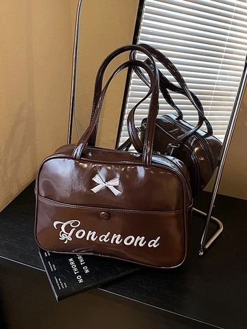 Dames Glanzende PU Leren Tote Tas Zoete Strik Borduren Verstelbare Rugzak Schoudertas Vintage Japanse Preppy Handtas